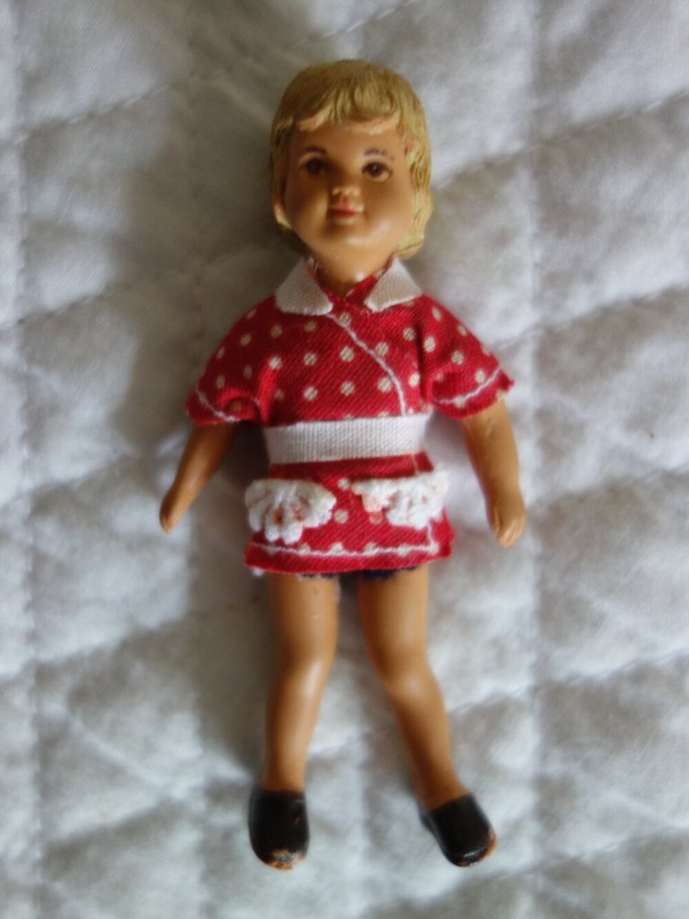 Vntg German ARI Rubber Dollhouse Doll w/ Molded Hair Red Dress